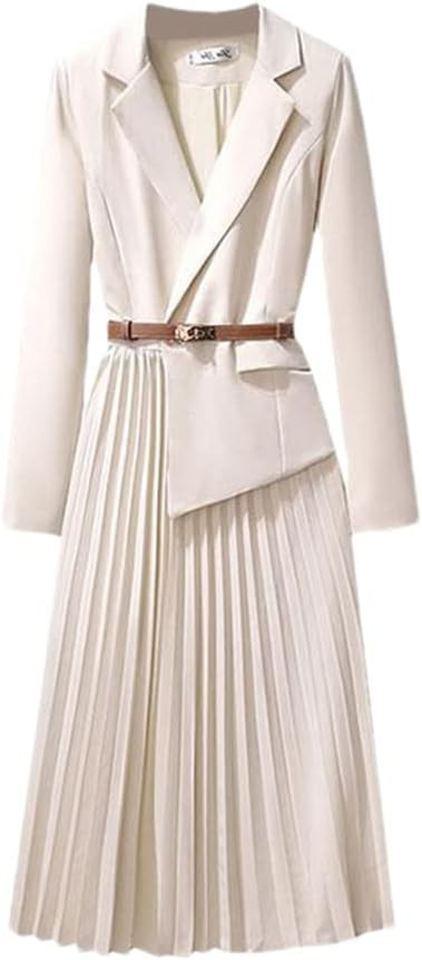 Women Long Sleeve Pleated High Waist Blazer Dress Temperament Solid All Match Long Dress | Amazon (US)