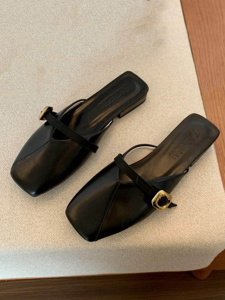 Zapatillas Planas Tipo Mula Con Punta Cuadrada Francesa Y Diseño Sin Respaldo Para Mujer, Perfectas Para Verano | SHEIN