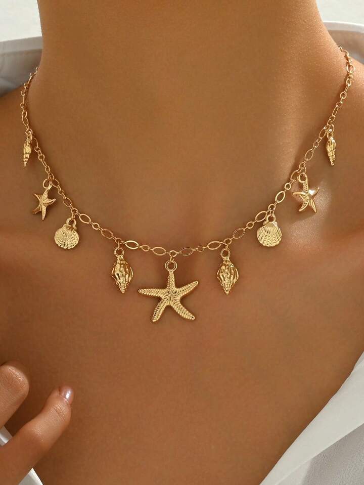 1pc Women's Fashion Pendant Necklace, Vintage Bohemian Beach Style With Sea Star, Shell, Turtle & Multi-Pendant Design, Layered Clavicle Chain, Party/Holiday Gift, Versatile Accessory | SHEIN