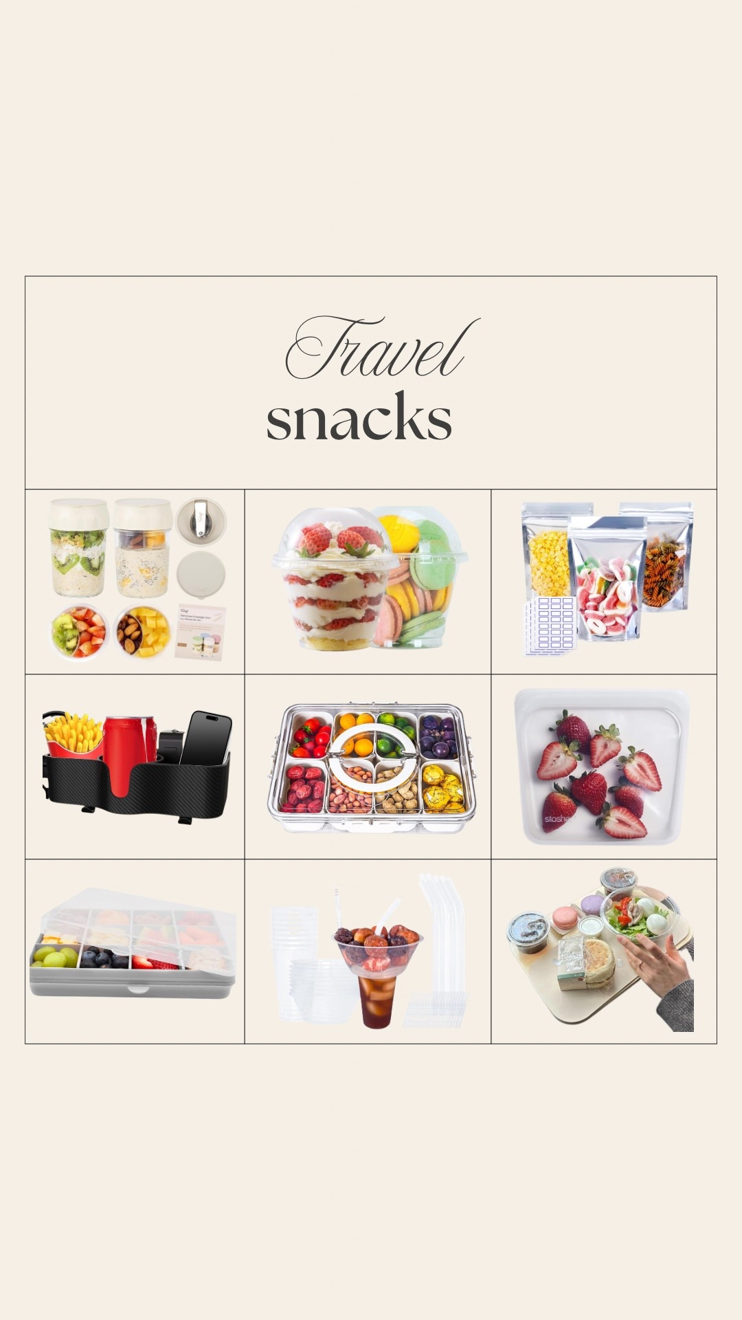 These are my favorite ways to organize snacks on the go! Perfect for road trips, airplanes, the drive-thru, and even game day snacks for the sports moms. 

#sportsmom #gameday #airplane #roadtrip #kidssnacks #momhack #momtip #traveling with kids