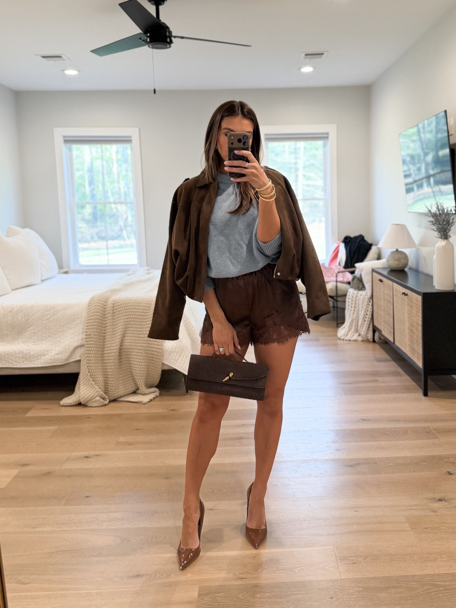 Night out 

• ootd, amazon find, satin lace shorts, cashmere blue sweater, Zara suede jacket, brook and York jewlery, Steve Madden brown pumps, spring outfit 

#LTKootd #LTKSeasonal