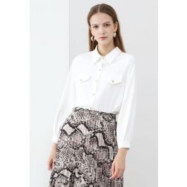 Modern Flair Button-Accented Chiffon Shirt in White | Chicwish