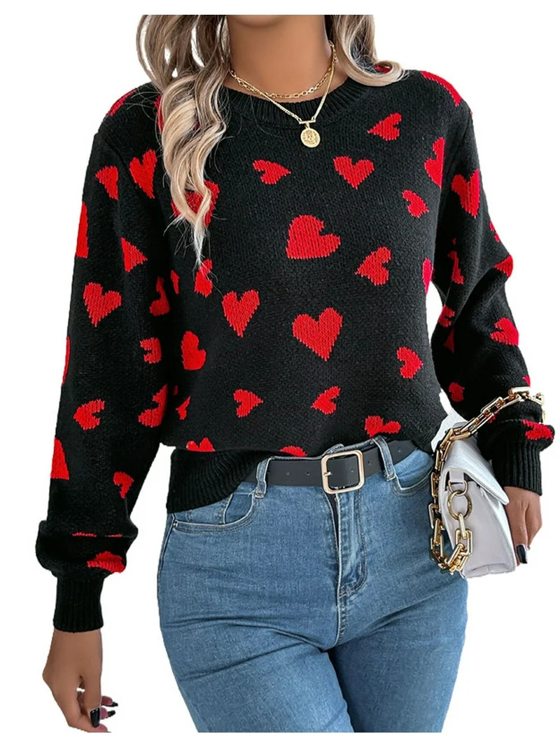 Heart Sweaters for Women Valentine's Day Casual Loose Lightweight Crewneck Sweater Lantern Sleeve... | Walmart (US)