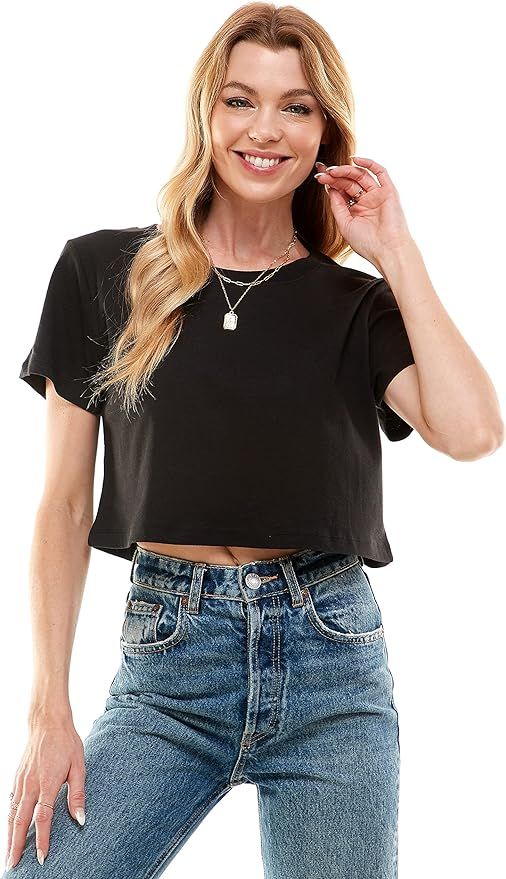 Women's Boxy Crop Top Round Neck Short Sleeve Casual 100% Cotton Cropped Tee T-Shirt | Amazon (US)