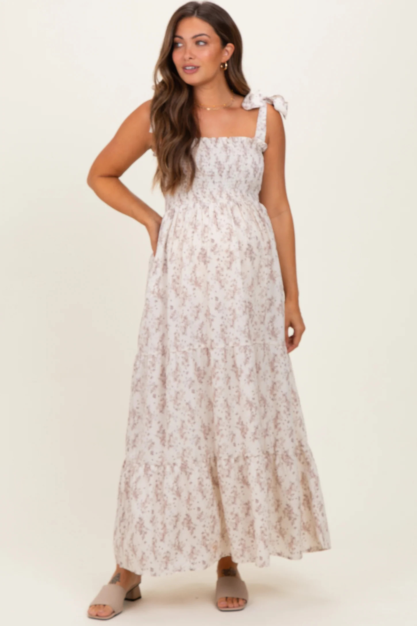 Ivory Floral Shoulder Tie Maternity Maxi Dress | PinkBlush Maternity