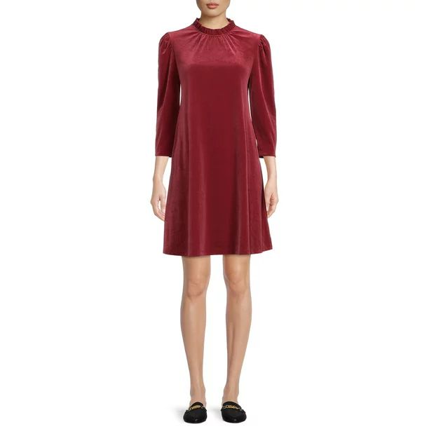 Time and Tru Women’s Velvet Dress with 3/4-Length Sleeve - Walmart.com | Walmart (US)