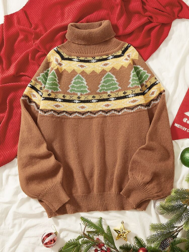 Plus Christmas Tree Pattern Turtle Neck Raglan Sleeve Sweater | SHEIN