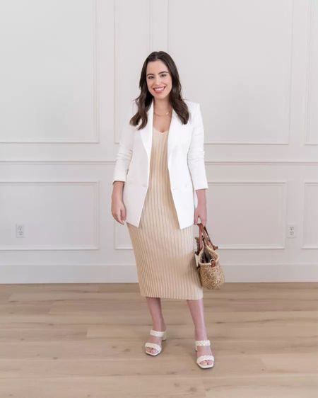 Easy workwear outfit idea: Midi ribbed dress with white blazer, braided sandals and straw bag

#officeoutfit #officelook #petitefashion #outfitinspo 

#LTKstyletip #LTKitbag #LTKFind