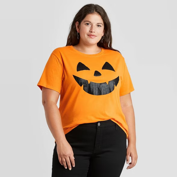 Women's Jack O'Lantern Glitter Face Halloween Short Sleeve Graphic T-Shirt - Orange | Target