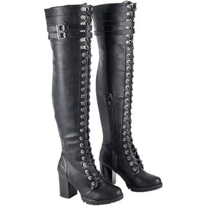 Women's Black Lace-Up Chunky Heel Over-The-Knee Boots Sexy Buckle Motorcycle Boots | SHEIN