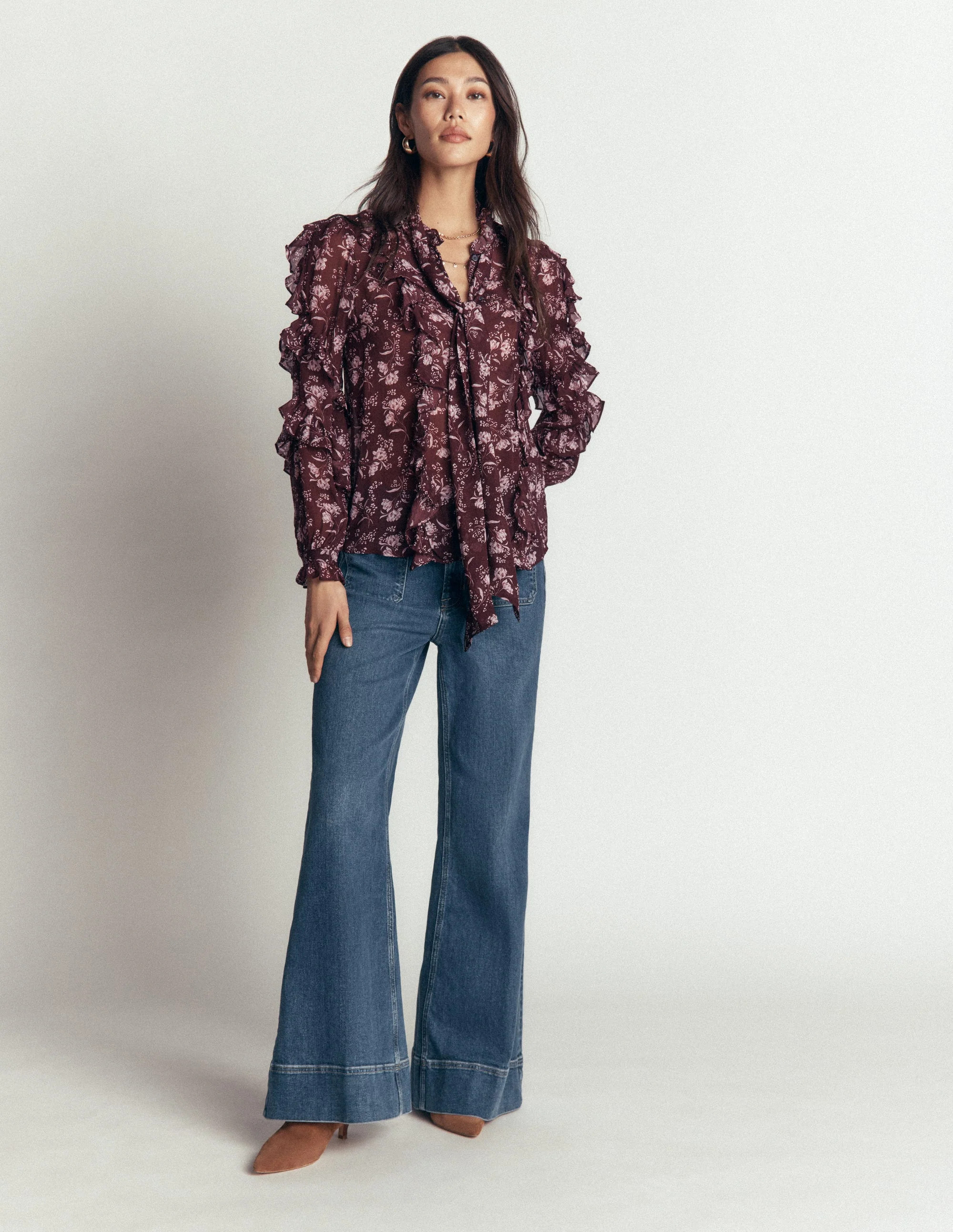 Ruffled Georgette Top-Chocolate, Enchanted Sprigs | Boden (US)