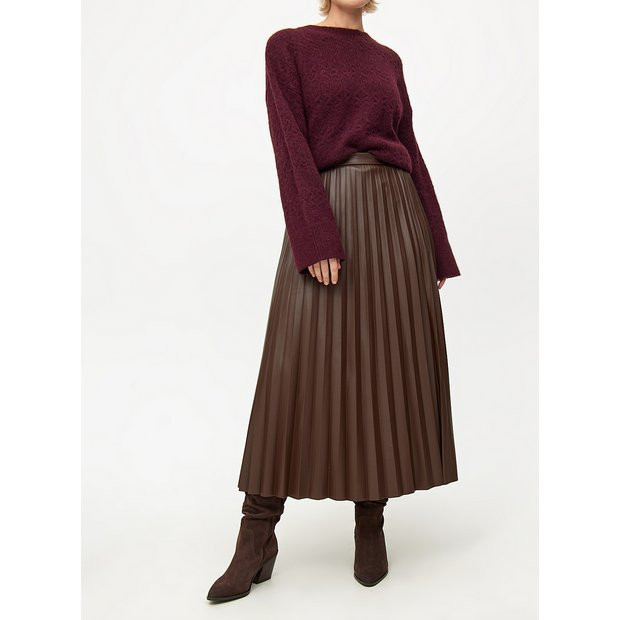 Brown Faux Leather Pleated Midaxi Skirt 10 | Tu Clothing