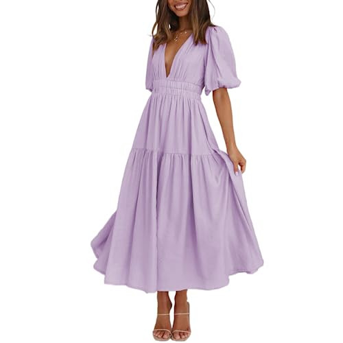 Womens Puff Sleeve Maxi Dress Deep V-Neck Smocked Long Dress Sexy Flowy Zipper Back Summer Party Dress, Purple, Medium | Amazon (US)