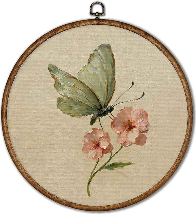 Vintage Framed Wall Art, Spring Butterfly Round Canvas Prints Home Decor, Watercolor Butterfly Fl... | Amazon (US)