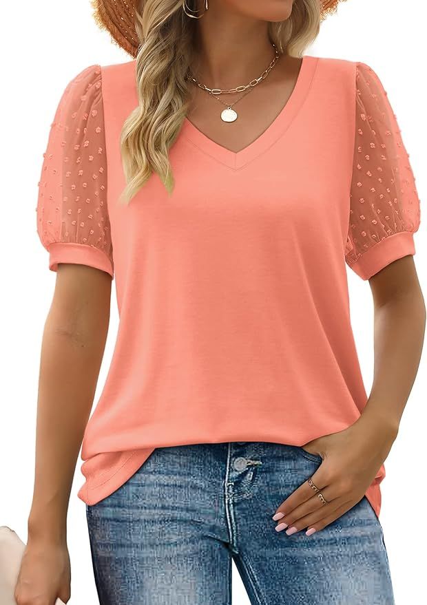 Aokosor Womens Summer Tops V Neck T Shirts Swiss Dot Puff Sleeve Tops Loose Casual Tshirts | Amazon (US)