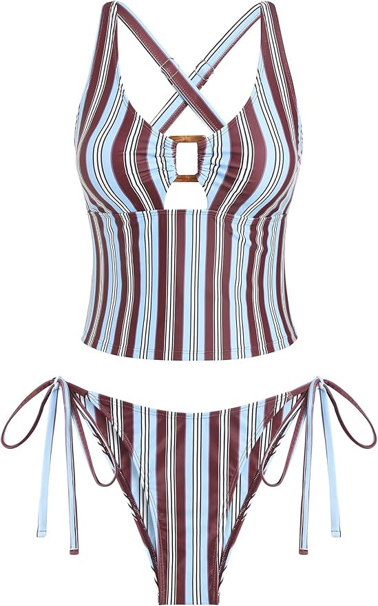 ZAFUL Women's Tankini Set V Neck Tummy Control Floral Printed Tie Side Thong Bikini Swimsuits 2 P... | Amazon (US)