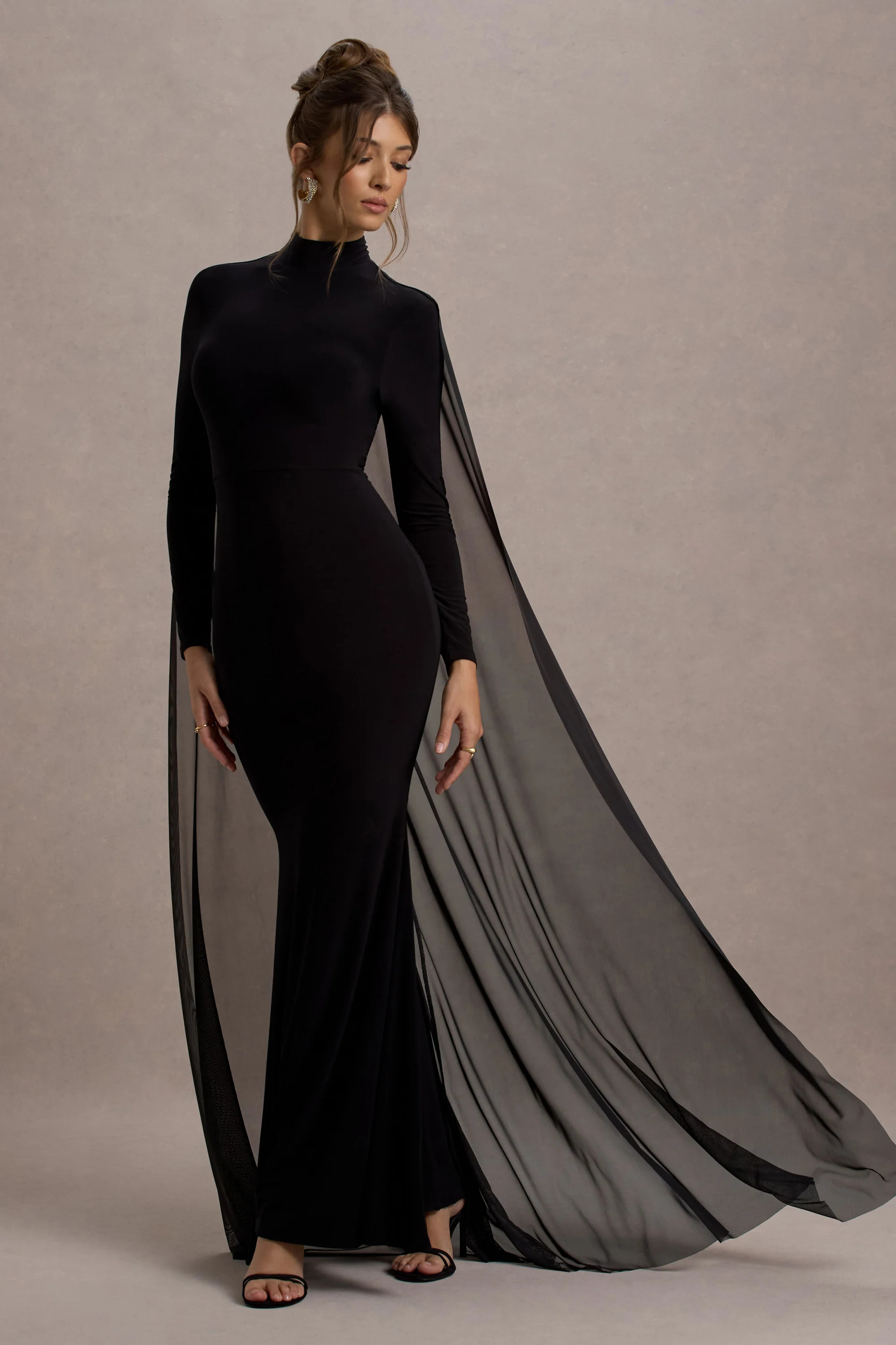La Nuit | Black High-Neck Long-Sleeve Maxi Dress With Cape | Club L London