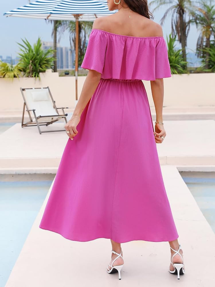 CUPSHE Women Ruffle Maxi Summer Dress Off Shoulder Short Sleeve Backless Flounce Bodice Slit Hem ... | Amazon (US)