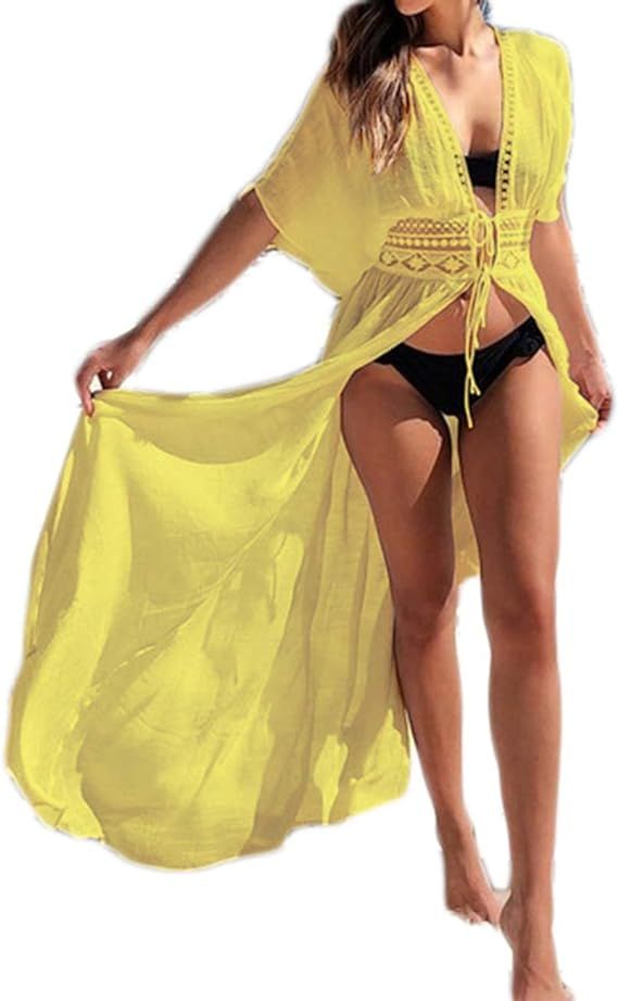 Bsubseach Women's Long Beach Kimono Cardigan Open Front Bikini Swimsuit Cover Ups with Drawstring | Amazon (US)