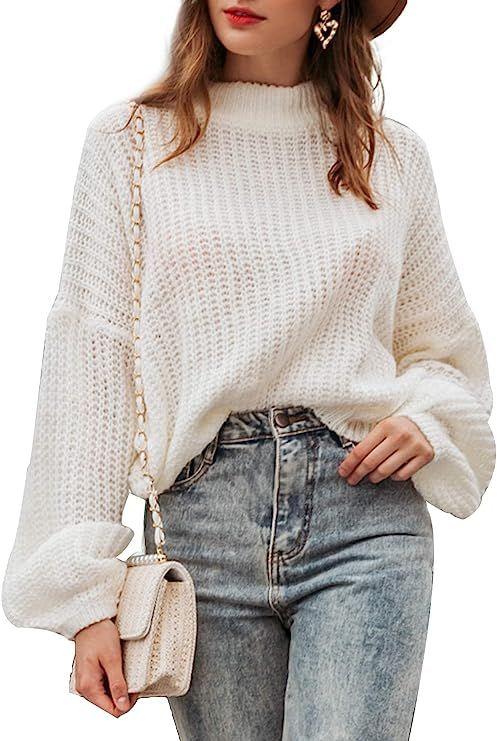 Simplee Women's Oversized Cropped Sweater Lantern Long Sleeve Loose Knit Pullover Sweater | Amazon (US)