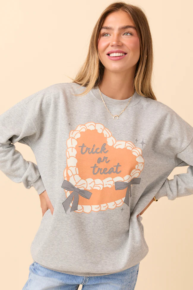 Trick Or Treat Cake Light Grey Graphic Sweatshirt | Pink Lily