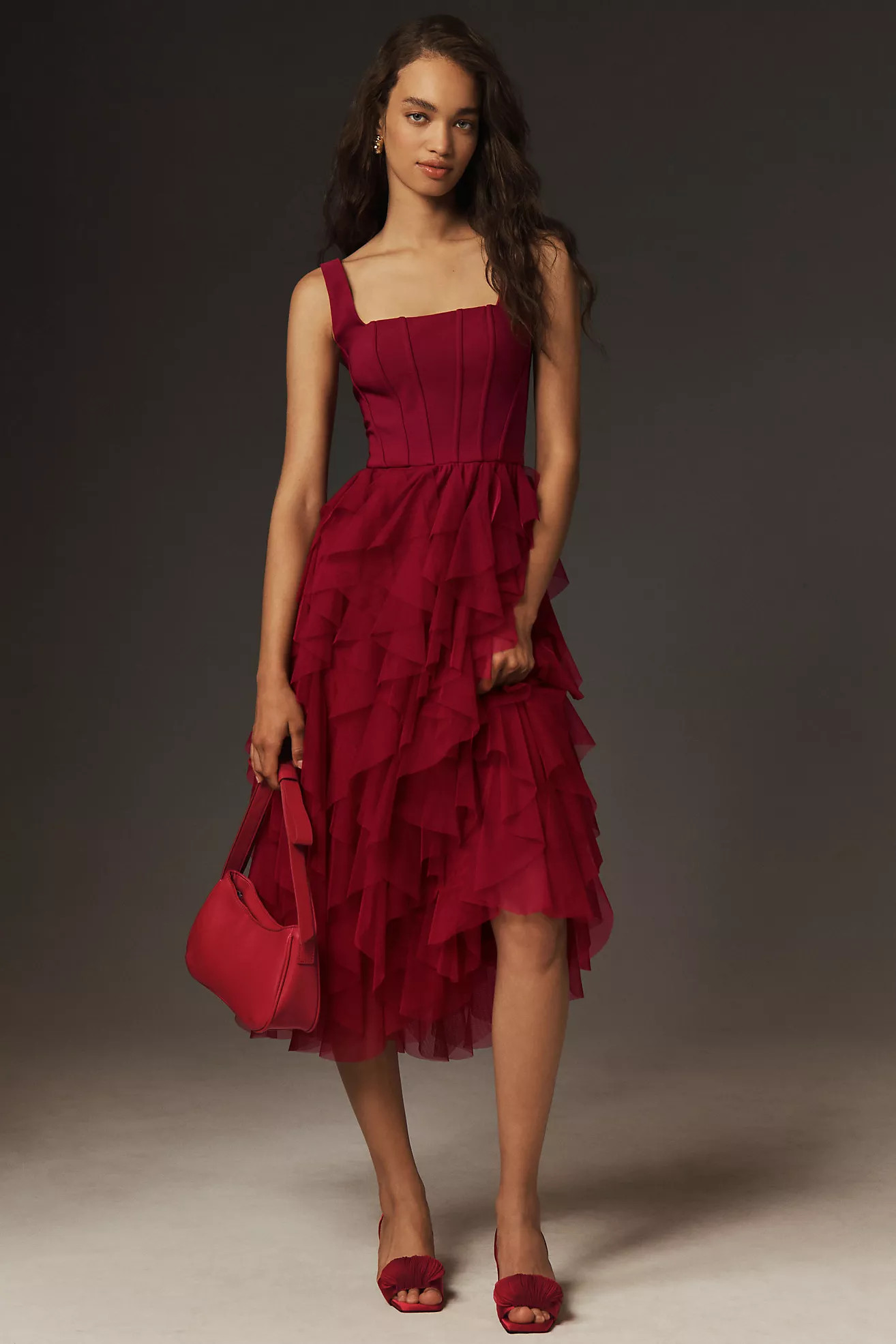 BHLDN Sleeveless Square-Neck Ruffled Tulle Midi Dress | Anthropologie (US)