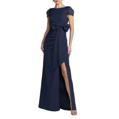 Mac Duggal Beaded Cap Sleeve Crepe Gown With Bow and slit in Forest Green at Nordstrom, Size 6 | Nordstrom