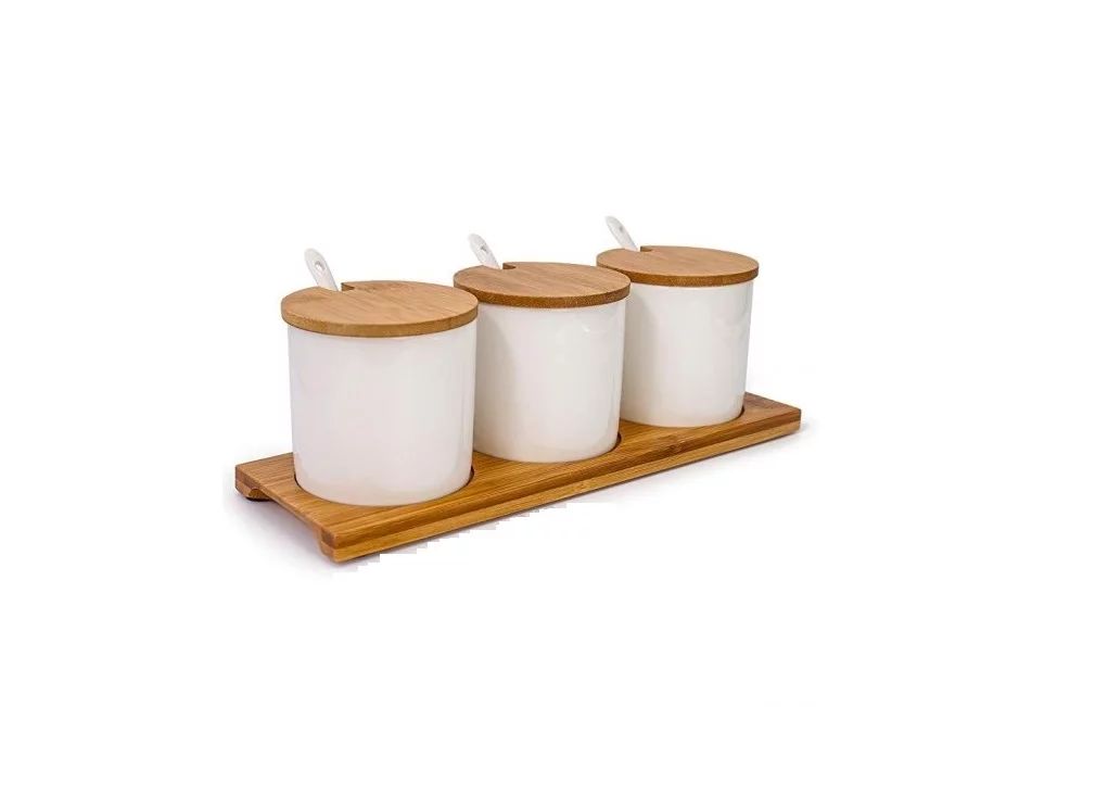 Condiment Container Set Made with Ceramic, Bamboo Lid & Spoons. Used for Spices, Salad Dressings ... | Walmart (US)