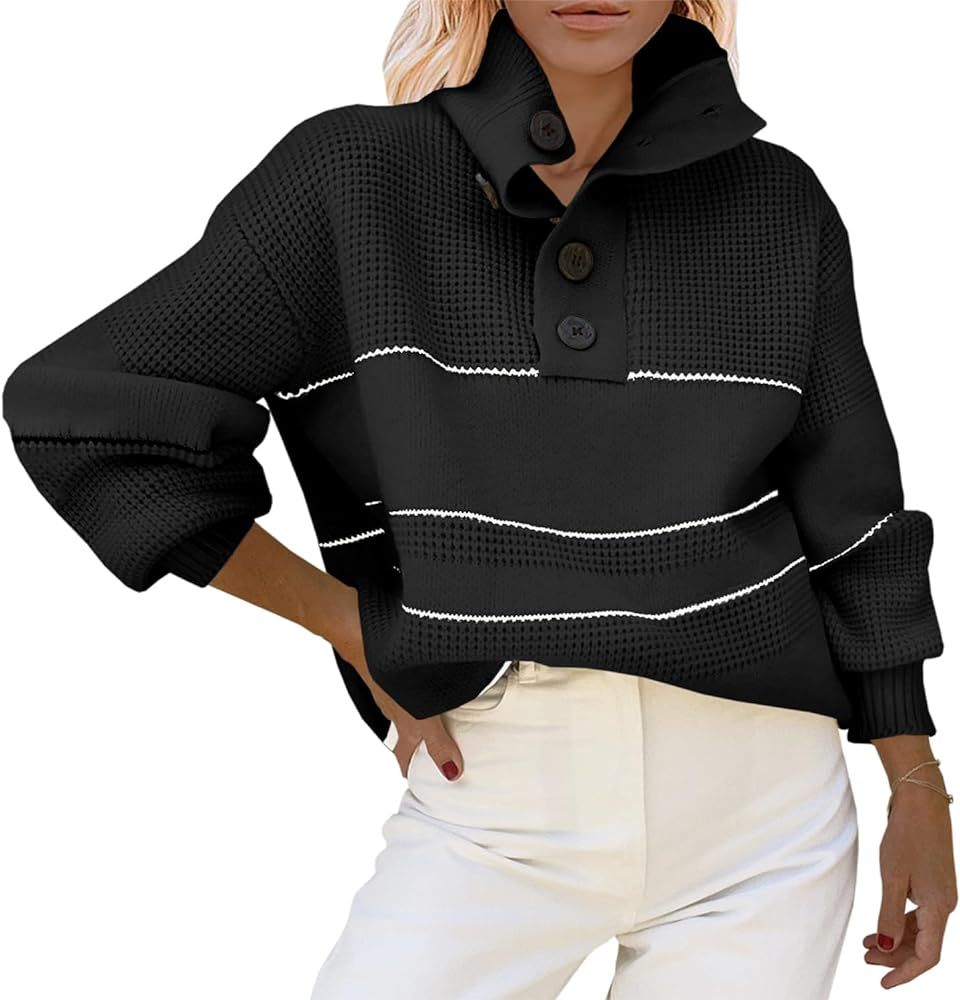 Saodimallsu Womens Oversized Striped Color Block Sweater Button Waffle Knit Long Lantern Sleeve Loos | Amazon (US)