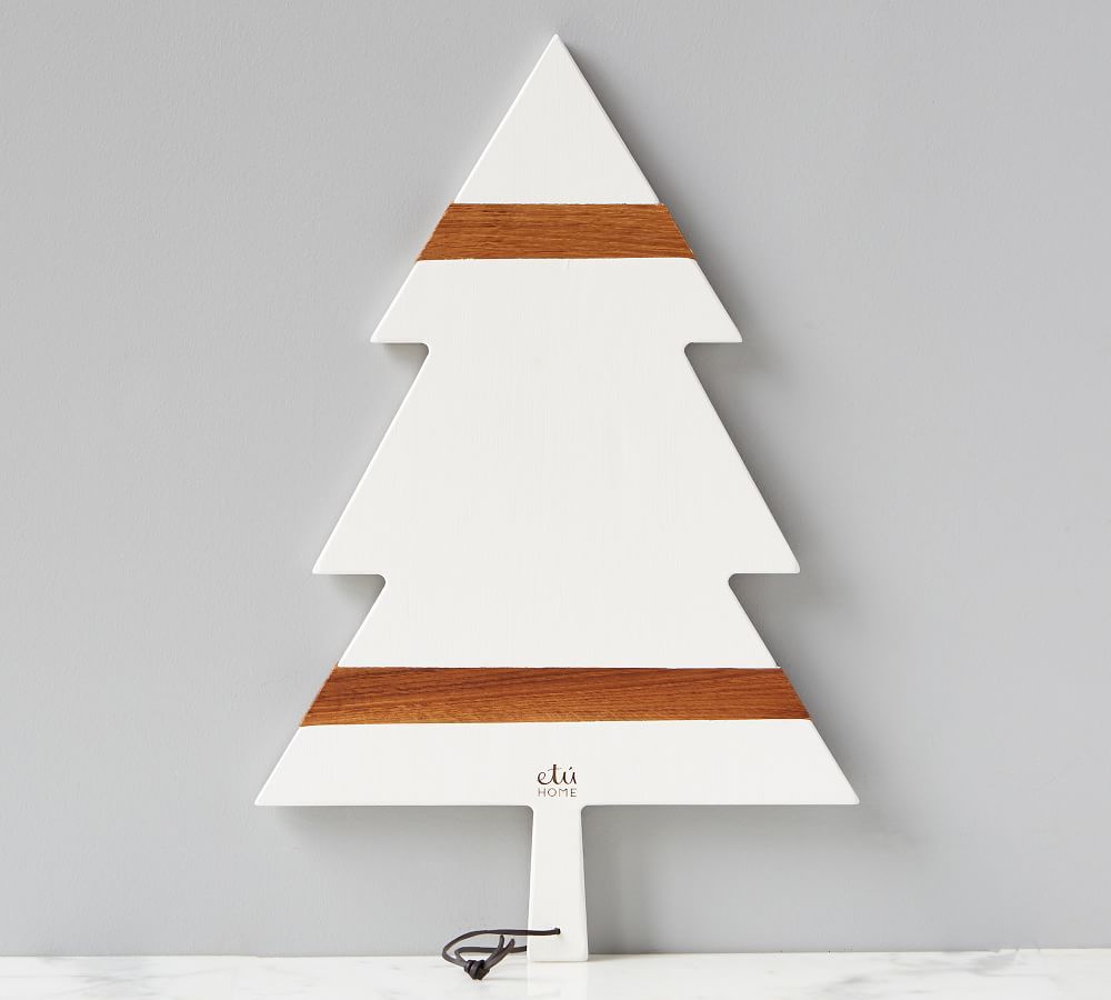 Holiday Tree Shaped Reclaimed Wood Cheese Board, Large - White | Pottery Barn (US)