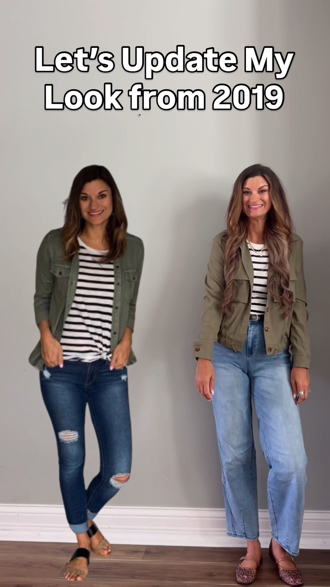 Updated look with a green jacket, striped shirt and barrel jeans