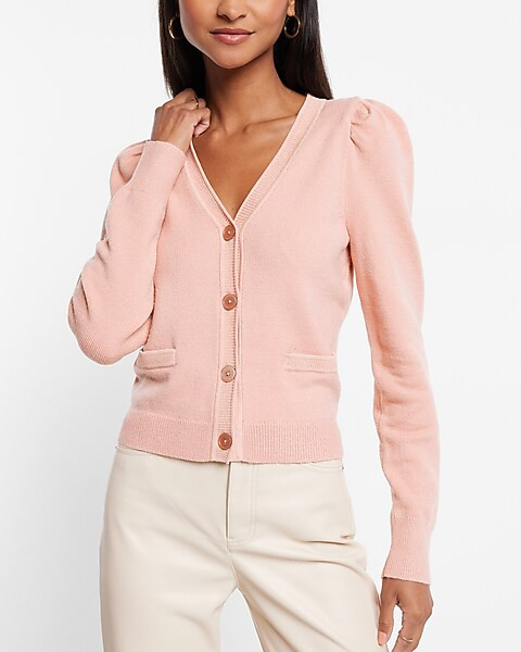 Puff Sleeve Button Front Cardigan | Express