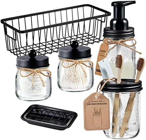 Mason Jar Bathroom Accessories Set(6PCS) - Foaming Soap Dispenser,Toothbrush Holder,Qtip Holder,Apot | Amazon (US)