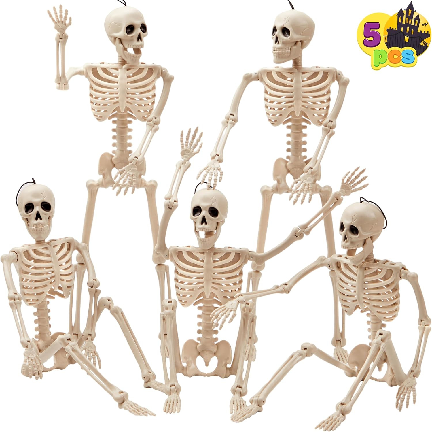 JOYIN 5 PCS Posable Halloween Skeletons 16 Inches Full Body Posable Joints Hanging Skeletons for Graveyard Decorations, Haunted House Accessories, Spooky Scene Party Favors | Amazon (US)