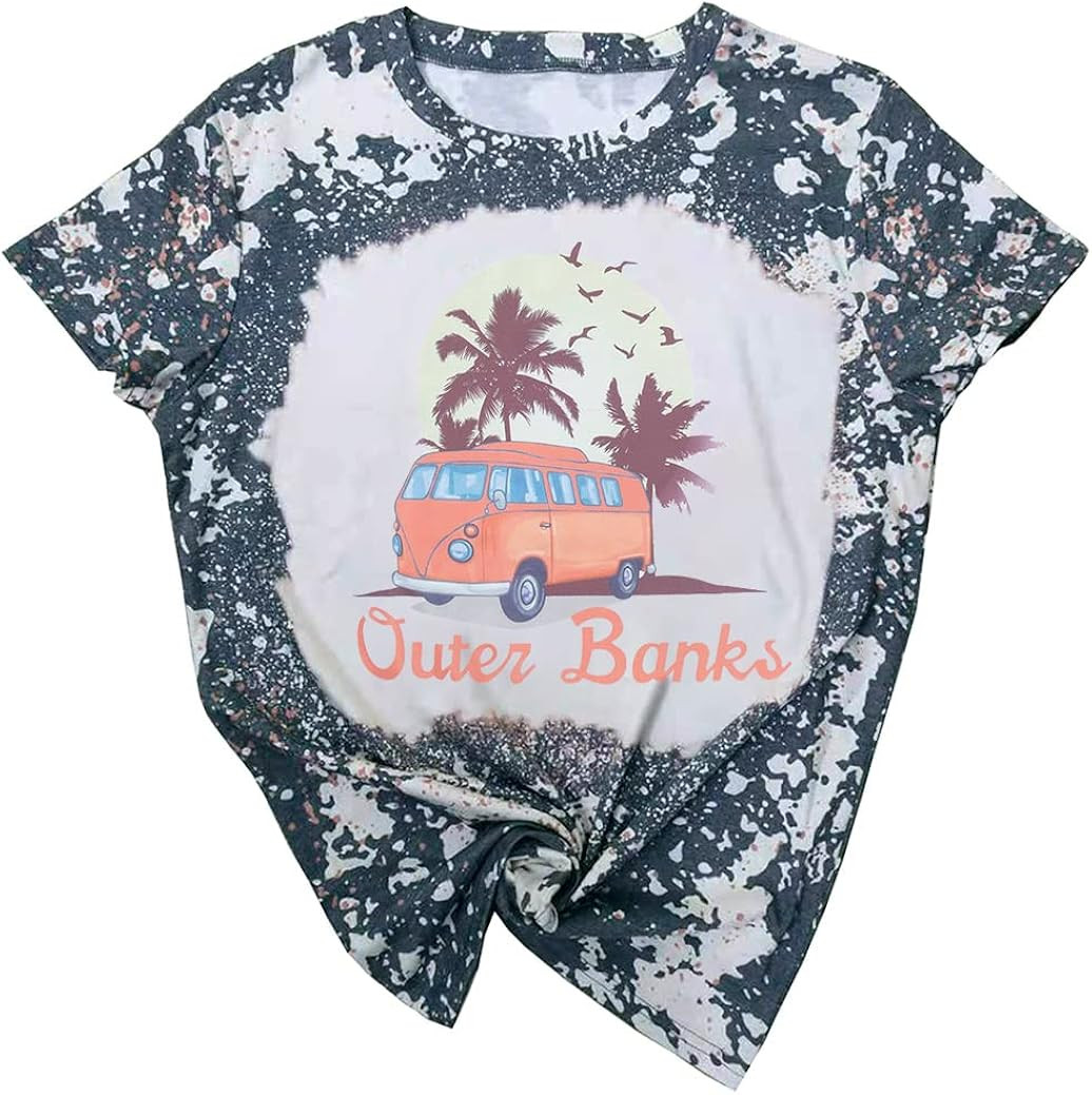 MOUSYA Outer Banks Pogue Life T-Shirt Women Bleached Tie Dye Surfing Lover Shirt Palm Tree Bus Gr... | Amazon (US)