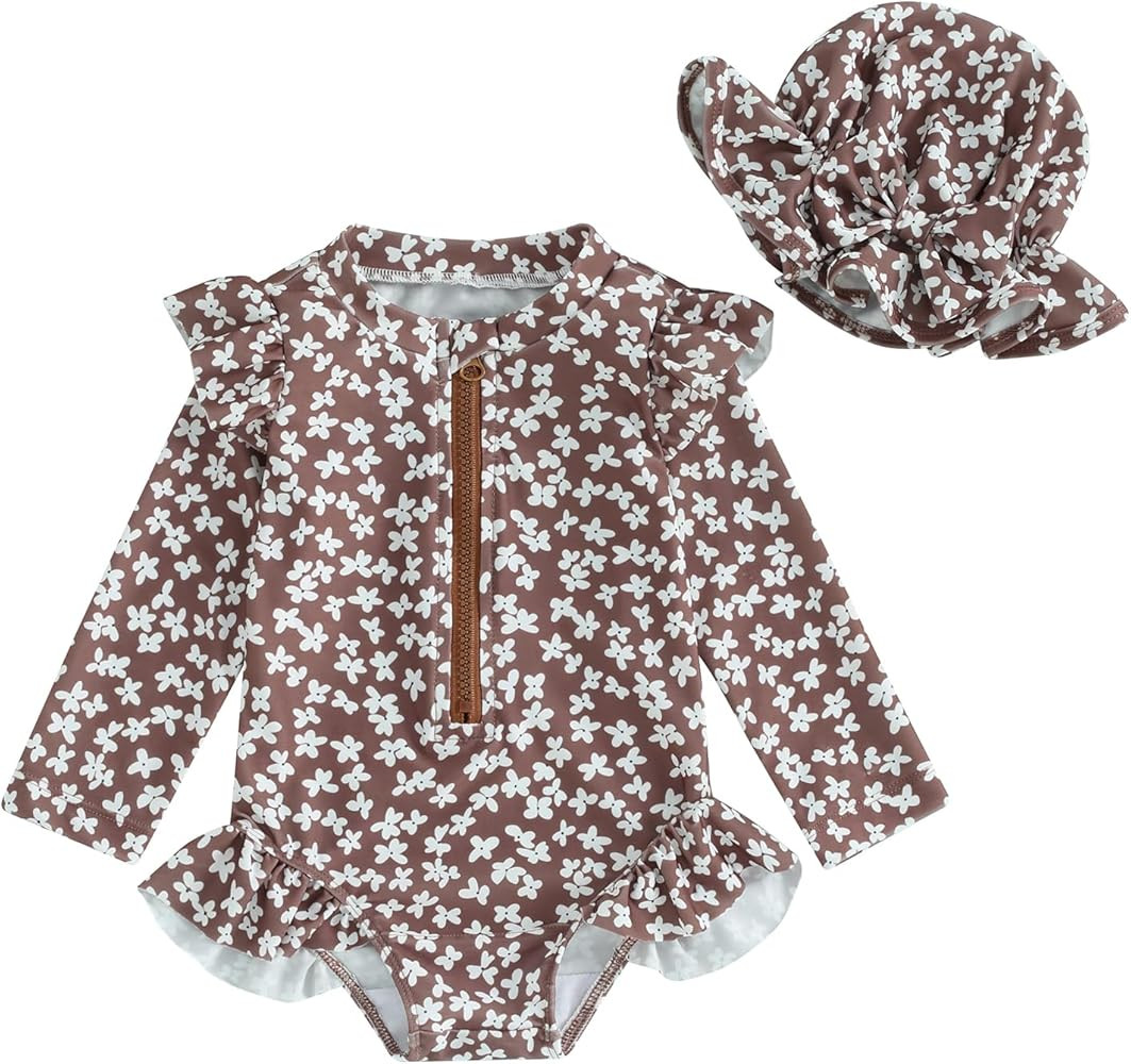 ZAXARRA Little Baby Girls Swimsuit One Piece Rash Guard Long Sleeve Zipper Ruffle Bathing Suit To... | Amazon (US)