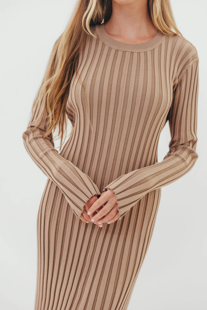 Colette Premium Long Sleeved Ribbed Knit Maxi Dress in Dark Natural - | Worth Collective