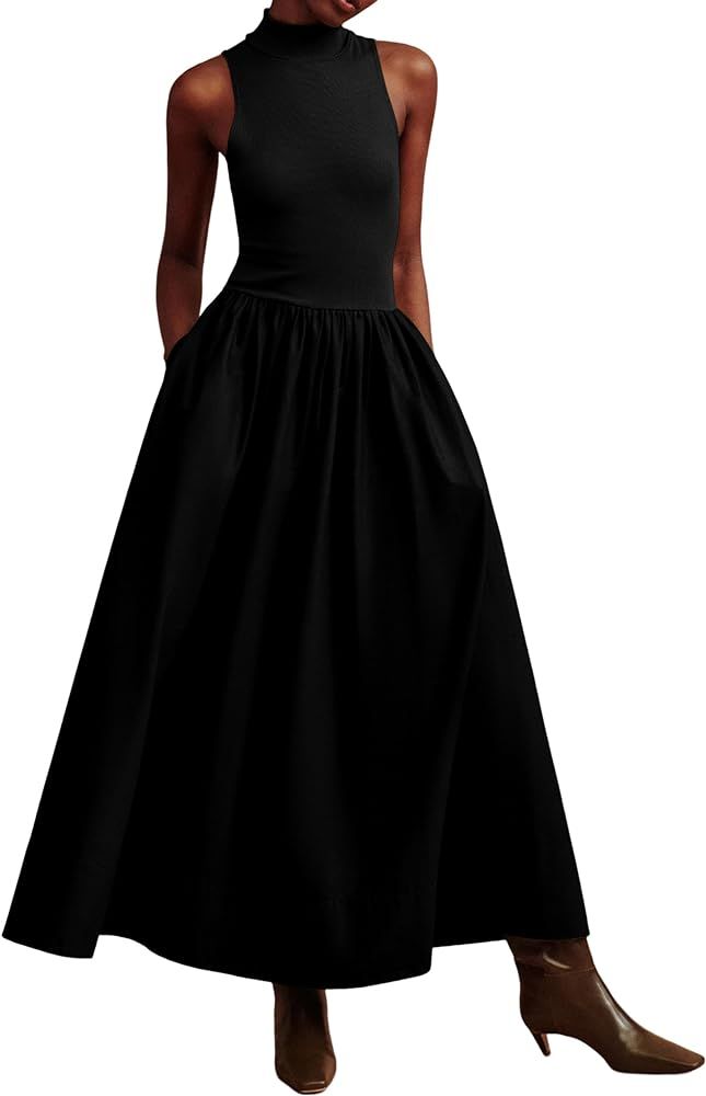 Lauweion Women's Mock Neck Sleeveless Swing Maxi Dress Slim Fit 2023 Casual Semi Formal Flowy Kni... | Amazon (US)