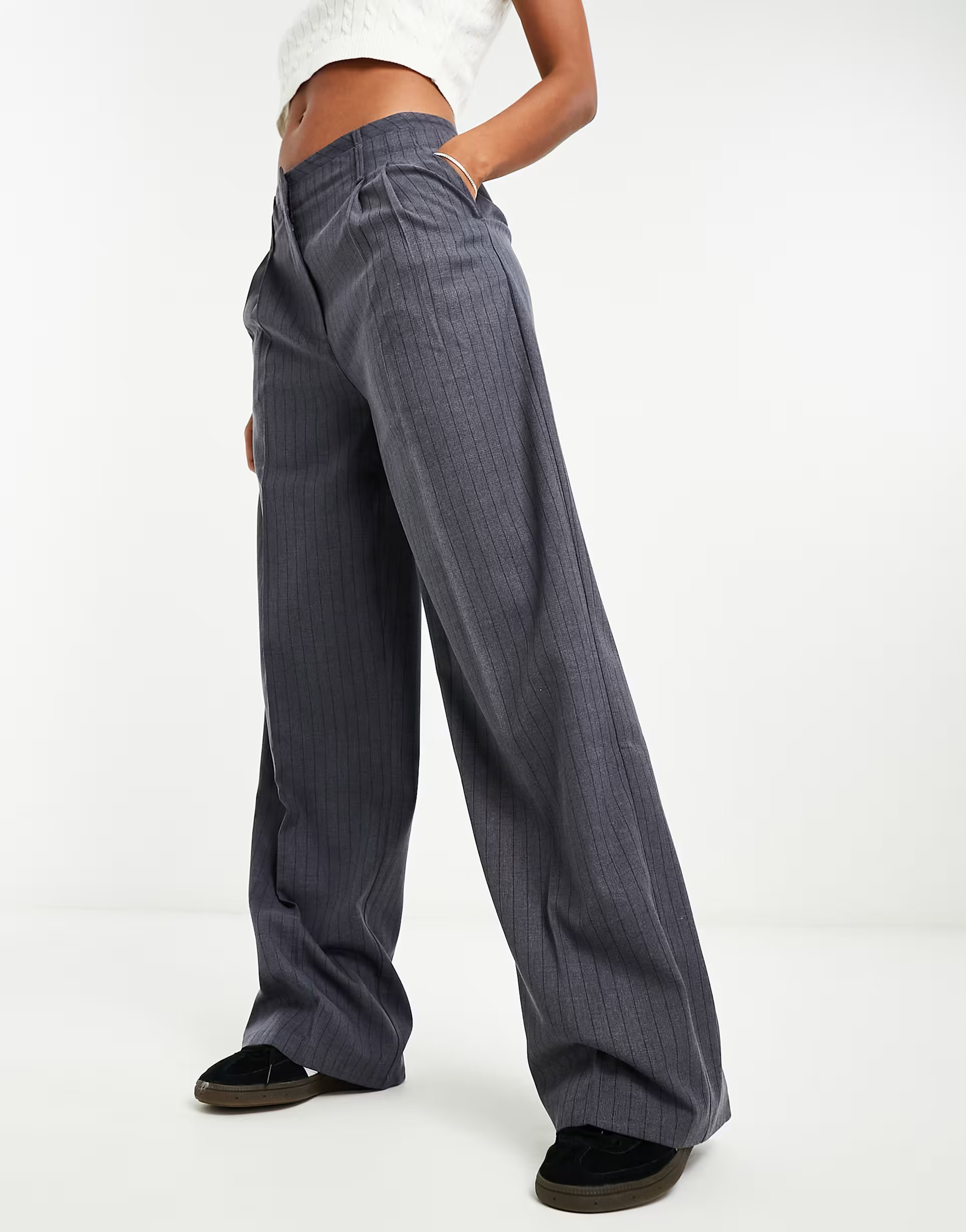 Bershka double waistband wide leg tailored pants in gray pinstripe | ASOS | ASOS (Global)
