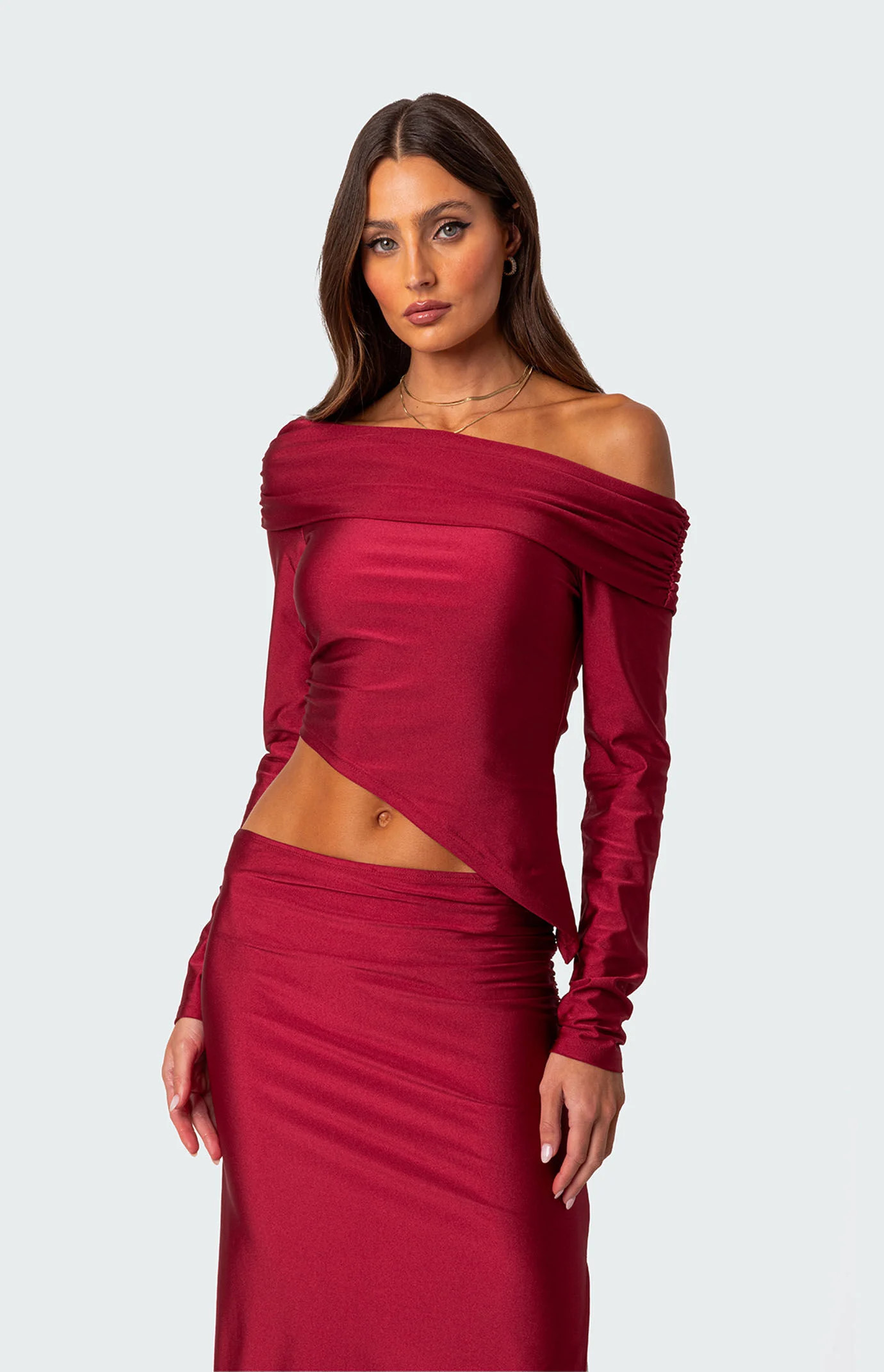 Edikted Women's Reema Shiny Fold Over Top in Red - Size Small | PacSun
