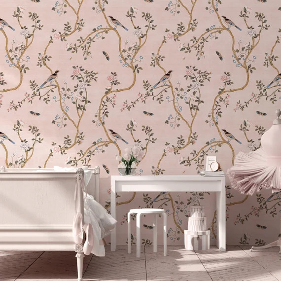 NEW!! Avignon Chinoiserie | Blush | Peel 'n Stick or PrePasted Wallpaper Removable• Vinyl-Free ... | Etsy (US)