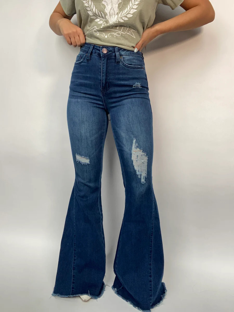 Demmi Distressed Denim Flares | Willow Boutique