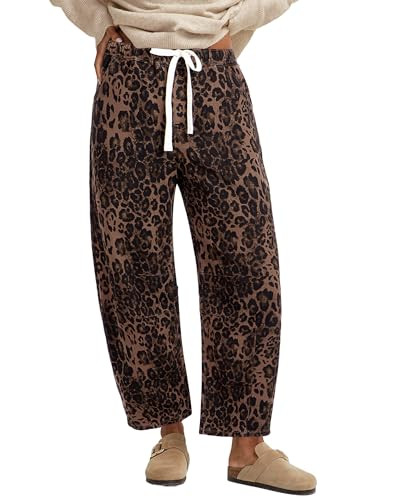 GRAPENT Barrel Jeans for Women Trendy High Waisted Pull On Wide Leg Cropped Leopard Cheetah Print... | Amazon (US)
