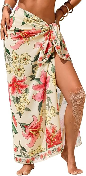Herseas Women Sheer Sarong High Slit One Size Swimsuit Coverups 2026 Summer Floral Print Chiffon ... | Amazon (US)