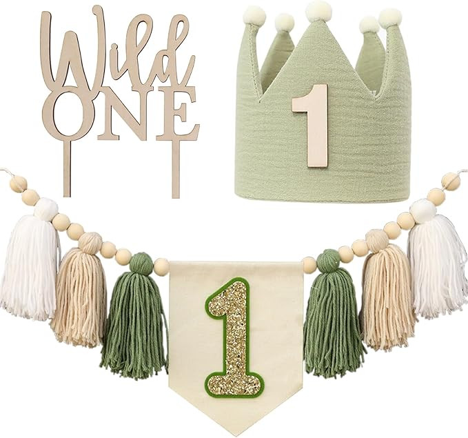 Wild One High Chair Banner For 1st Birthday Party Boy Decorations With Green Tassel Garland Crown... | Amazon (US)