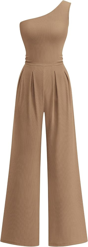 KIRUNDO One Piece Jumpsuits For Women Dressy 2026 Sleeveless One Shoulder Ribbed Wide Leg Rompers... | Amazon (US)