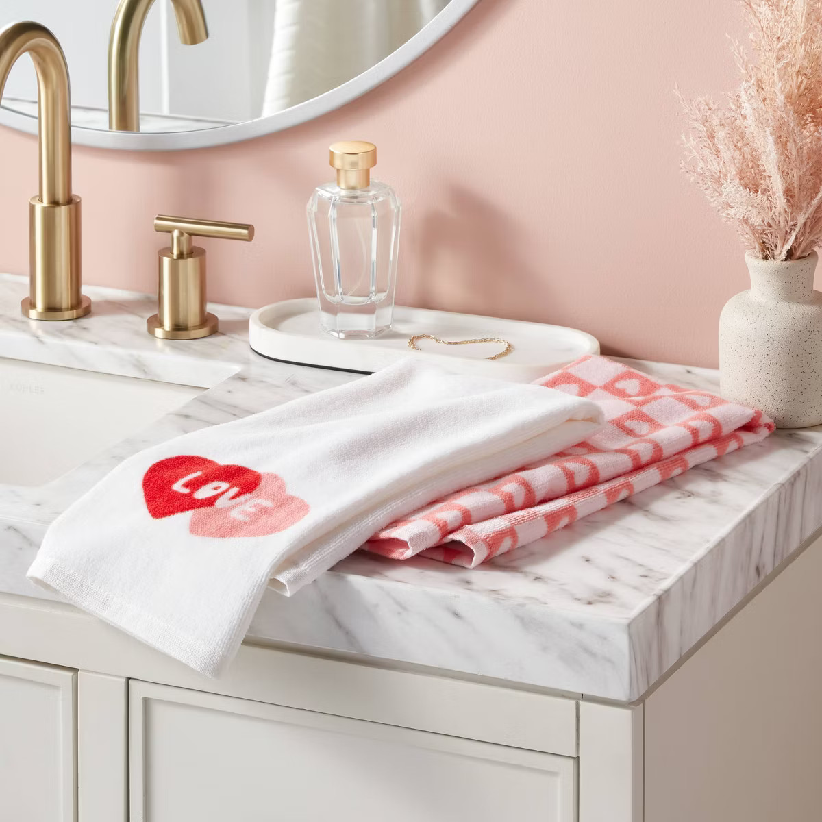 2pk Valentines Day Love Hearts Bath Hand Towel Set White/Pink - Threshold™ | Target