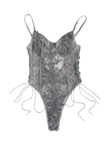 Amazon.com: Lilosy Women Sexy Lace Up Floral Embroidered Teddy Babydoll Lingerie Bodysuit Top Mes... | Amazon (US)