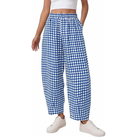 PRETTYGARDEN Plaid Barrel Pants Women Summer Casual Loose Wide Leg Lounge Gingham Trousers Spring... | Walmart (US)