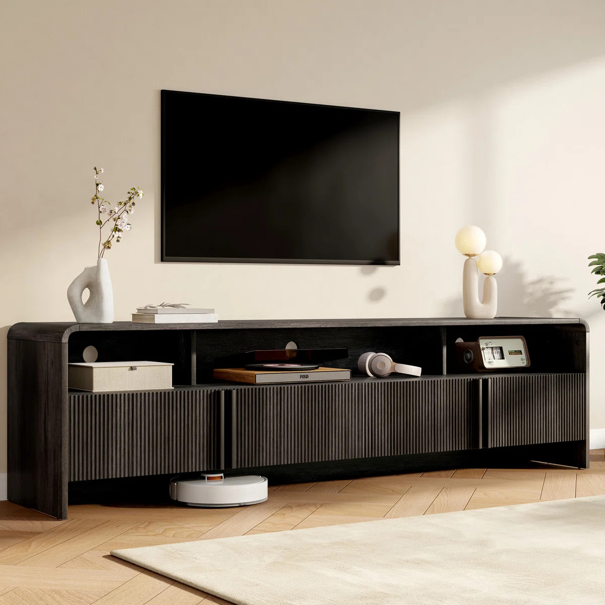 Dulane Modern Farmhouse 70" Tv Stand For Tvs Up To 75" With  2 Doors And Open Storage, Black | Wayfair North America